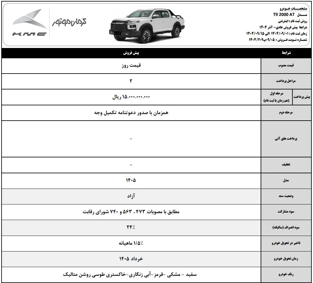 قیمت KMC T9 و شرایط فروش 1404