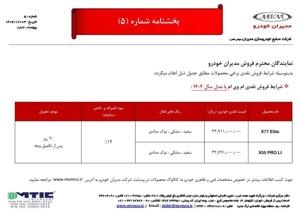 شرایط فروش نقدی ام وی ام ایکس 55 و ایکس 77 با مدل 1404