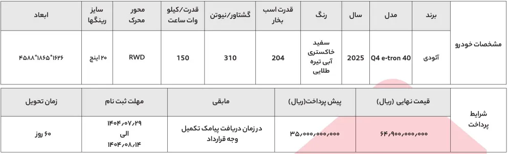 ثبت نام آئودی Q4 برقی نادین خودرو ویژه آبان 1404 + قیمت