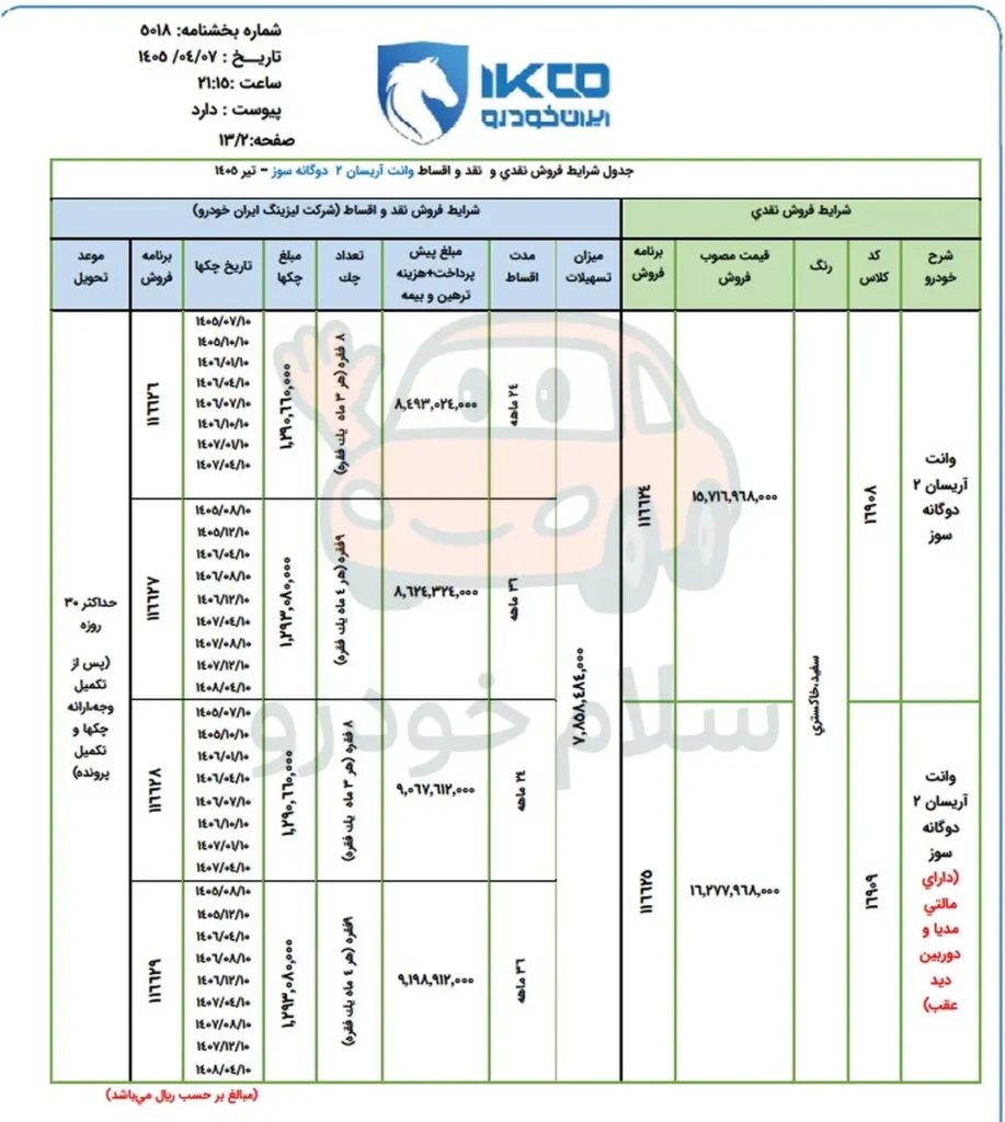 فروش نقدی و اقساط وانت آریسان 2 دوگانه سوز 1405 (از طریق لیزینگ ایران خودرو) + قیمت