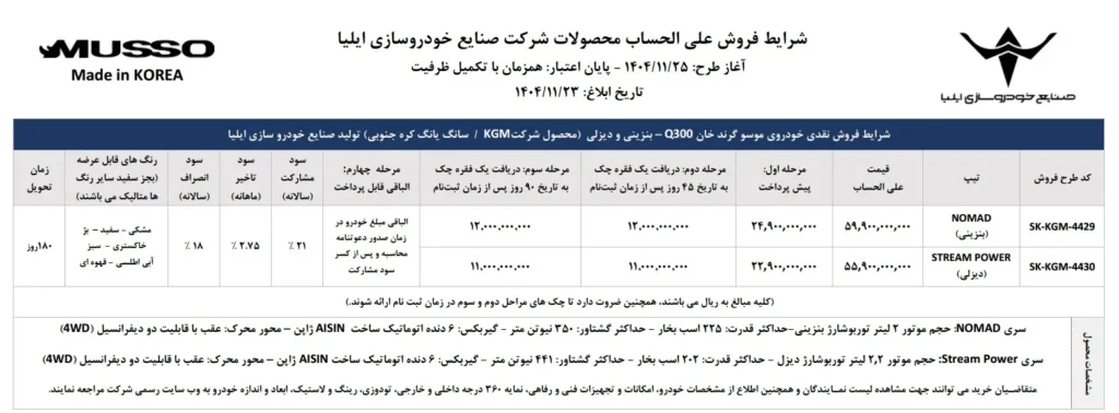 شرایط فروش موسو گرند در بهمن 1404