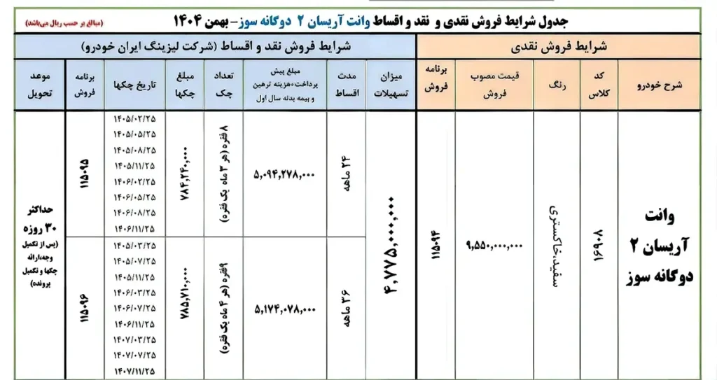 فروش نقدی و اقساط وانت آریسان 2 دوگانه سوز (از طریق لیزینگ ایران خودرو) + قیمت