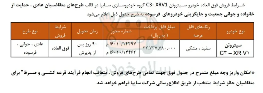 فروش فوق العاده سیتروئن C3-XR V1 سایپا