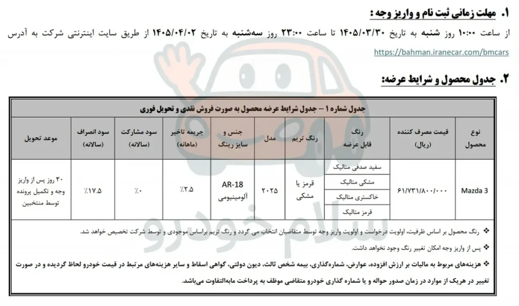 قیمت مزدا 3 و شرایط فروش 1405