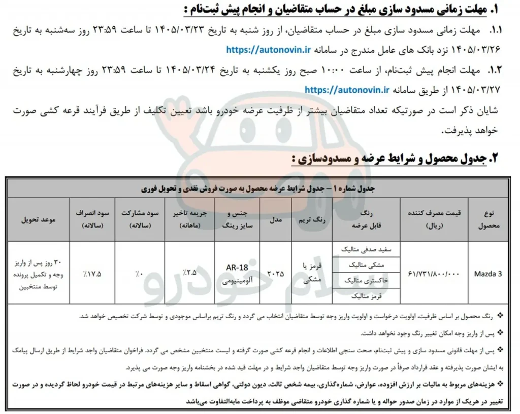 قیمت مزدا 3 و شرایط فروش 1405