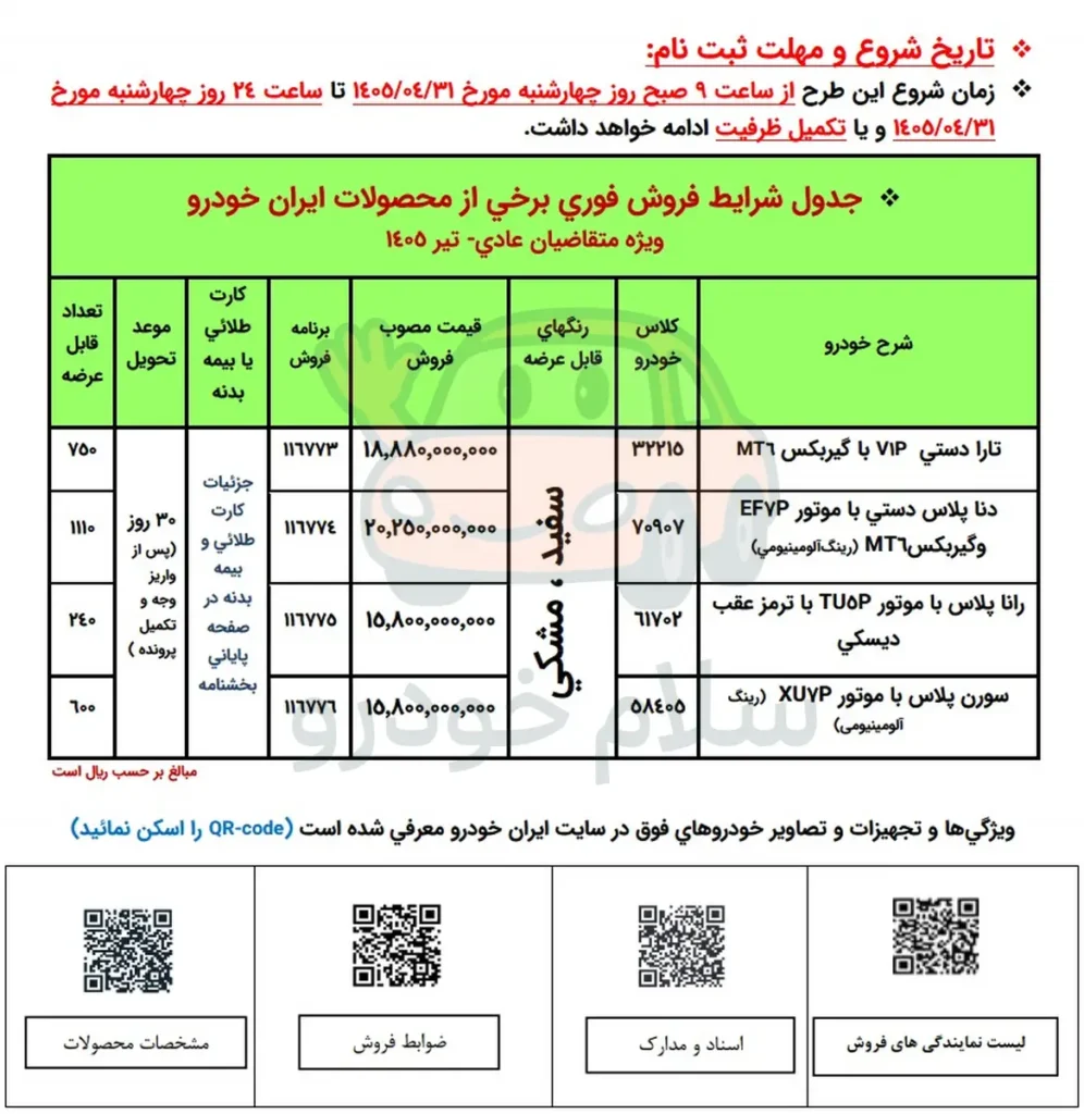 فروش فوری محصولات ایران خودرو بدون قرعه کشی تیر 1405