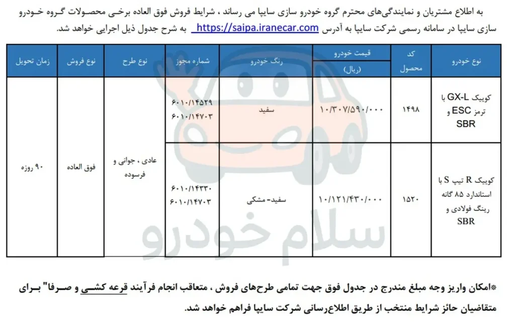 شرایط فروش فوق العاده کوییک R و کوییک GX-L تیر 1405