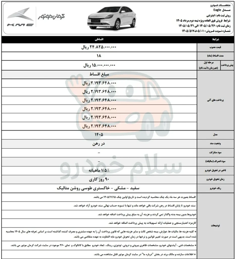 شرایط فروش ایگل کرمان موتور اعلام شد