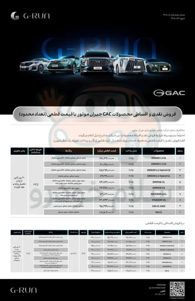 فروش نقد و اقساط محصولات GAC جیران موتور با تحویل 30 روزه